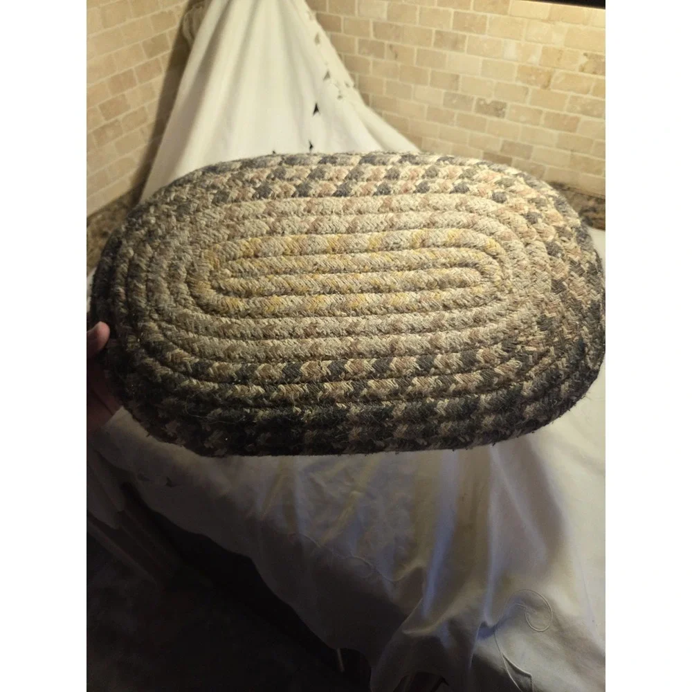 Oval Braided Upholstered Footstool Ottoman with Turned Wood Legs primitive Style